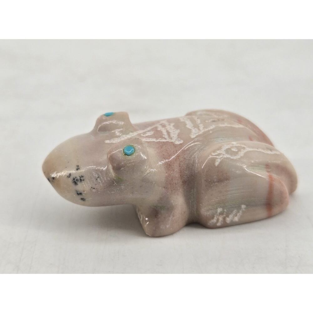 Mini Carved Stone Zuni Fetish Frog Toad Etched Turquoise Eyes By Adrian Cachini - Picture 8 of 12